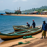 **

A bustling coastal fishing village in Cameroon. Fishermen in modest clothing are preparing their boats, with nets and equipment visible. In the background, a patrol boat from the Cameroonian Navy monitors the area. Safe for work, appropriate content, fully clothed, professional, natural proportions, high quality.

**