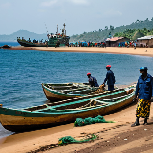 Home 14 **
A bustling coastal fishing village in Cameroon. Fishermen in modest clothing are preparing their boats, with nets and equipment visible. In the background, a patrol boat from the Cameroonian Navy monitors the area. Safe for work, appropriate content, fully clothed, professional, natural proportions, high quality.
**