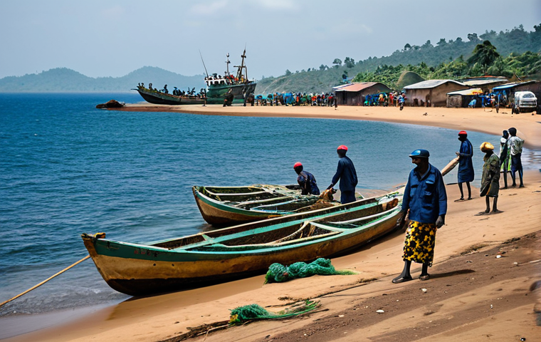 **
A bustling coastal fishing village in Cameroon. Fishermen in modest clothing are preparing their boats, with nets and equipment visible. In the background, a patrol boat from the Cameroonian Navy monitors the area. Safe for work, appropriate content, fully clothed, professional, natural proportions, high quality.
**