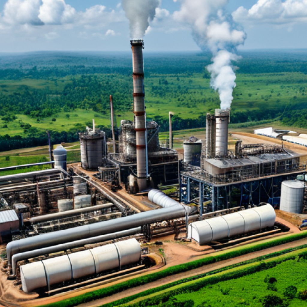 카메룬 석유 산업과 경제 성장 - **

"Aerial view of an oil refinery in Cameroon, surrounded by lush green landscape, fully clothed w...