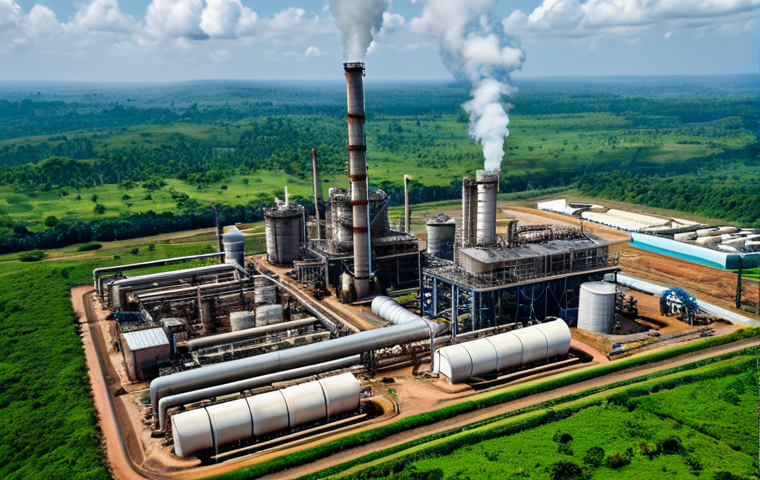 카메룬 석유 산업과 경제 성장 - **
"Aerial view of an oil refinery in Cameroon, surrounded by lush green landscape, fully clothed w...