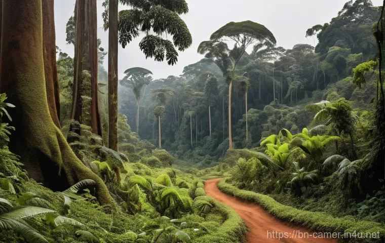 카메룬의 환경 문제와 열대우림 보존 - **"Vibrant and lush, an expansive aerial view of the untouched Cameroon rainforest at sunrise. Golde...