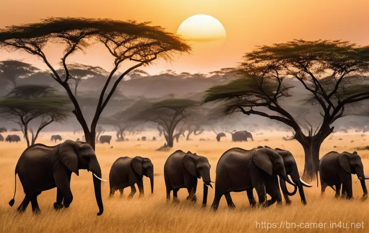 카메룬 주요 관광지 - Prompt 1: Majestic Elephants in Waza National Park at Golden Hour**