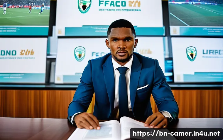카메룬 유명 축구선수 사뮤엘 에토오 관련 뉴스 - **Samuel Eto'o Leading FECAFOOT's Vision:** A highly detailed image of Samuel Eto'o, dressed in a sh...