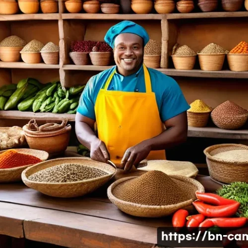카메룬과 말리의 전통 음식 비교 - A vibrant Cameroonian kitchen scene showcasing a chef preparing traditional spicy dishes like Poulet...