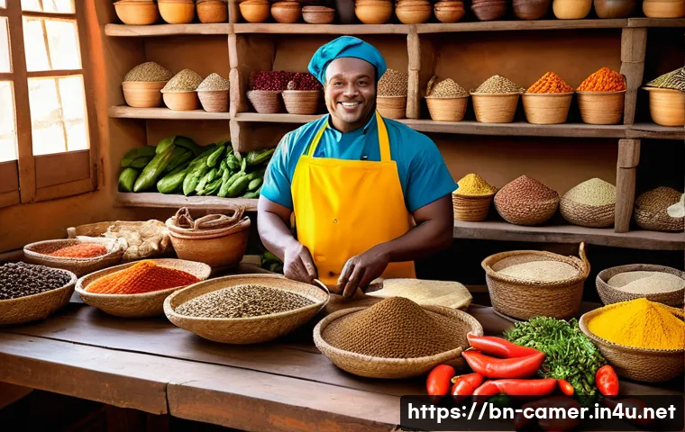 카메룬과 말리의 전통 음식 비교 - A vibrant Cameroonian kitchen scene showcasing a chef preparing traditional spicy dishes like Poulet...