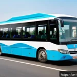 카메룬 공항에서 시내로 가는 방법 - A modern, clean airport shuttle bus departing from Cameroon airport, heading towards a bustling city...