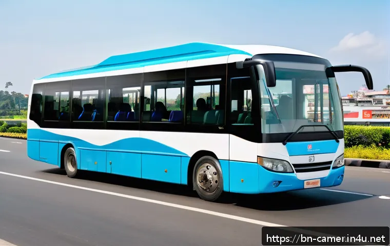 카메룬 공항에서 시내로 가는 방법 - A modern, clean airport shuttle bus departing from Cameroon airport, heading towards a bustling city...