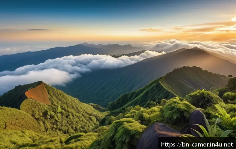 카메룬 몬테 카메룬 화산 등반 - A breathtaking panoramic view from the summit of Mount Cameroon showing dense green forests sprawlin...