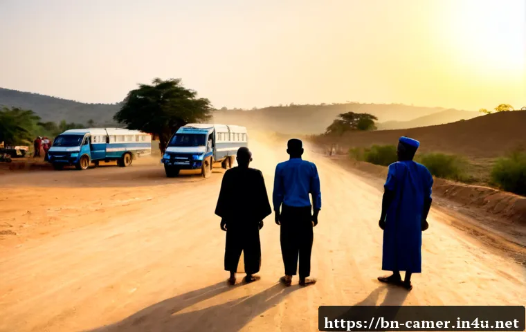 카메룬 테러 사건 및 보코하람 활동 - Photorealistic documentary-style scene in northern Cameroon at dawn, a small group of concerned loca...