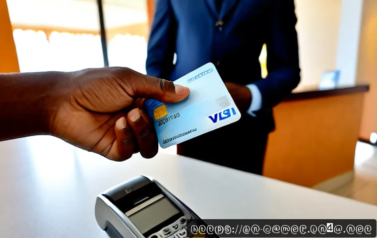 카메룬에서 신용카드 사용 가능 여부 - Photorealistic travel payment scene in Cameroon, a visitor’s hand holding a plain unbranded credit c...
