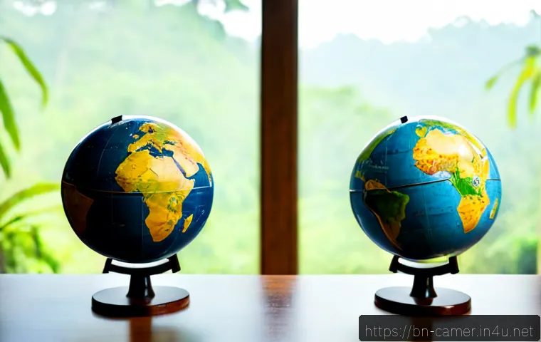 카메룬 비교 가능 키워드 - Photorealistic editorial comparison scene featuring a detailed physical globe centered on Cameroon a...