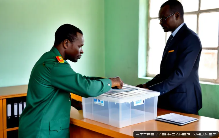 카메룬 공공 부패 및 정부 대응 - Photorealistic government accountability scene in Cameroon: a serious African civil servant in a mod...